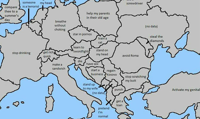 www karta evrope Šaljiva karta Evrope: Evo šta Crnogorci najčešće guglaju :: Mozaik www karta evrope