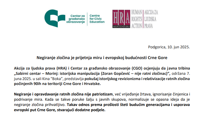 HRA i CGO: Negiranje zločina je prijetnja miru i evropskoj budućnosti Crne Gore