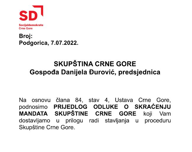 SD inicirala skraćenje mandata Skupštine: Ko insistira na opstanku ove Vlade ne misli dobro Crnoj Gori