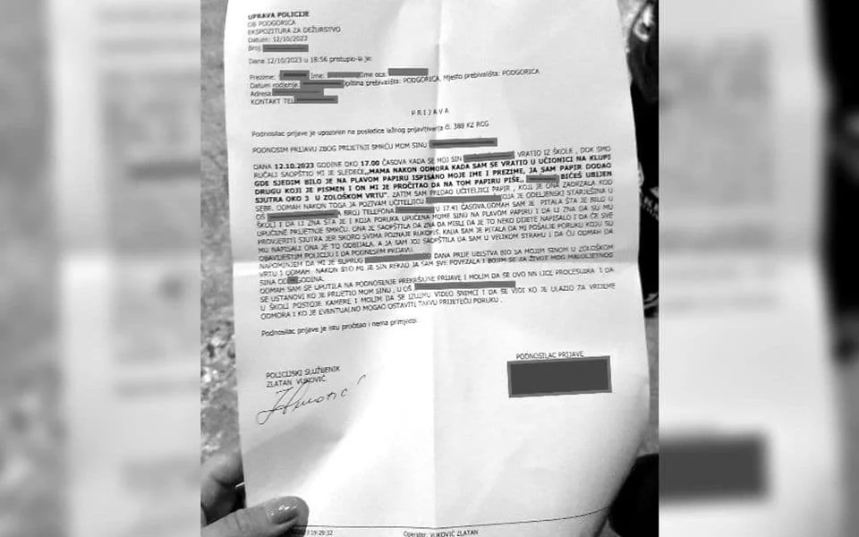 Slučaj u podgoričkoj školi: Rukopis djeteta, ali ne znaju da li neko stoji iza prijetnji dječaku