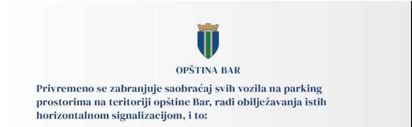 Opština Bar: Privremena zabrana saobraćaja svih vozila na parking prostorima na teritoriji opštine