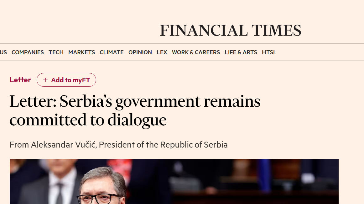 Vučić pisao Financial Timesu: Optužbe opozicije i studenata „lažna pretpostavka“, Srbija ostaje posvećena dijalogu