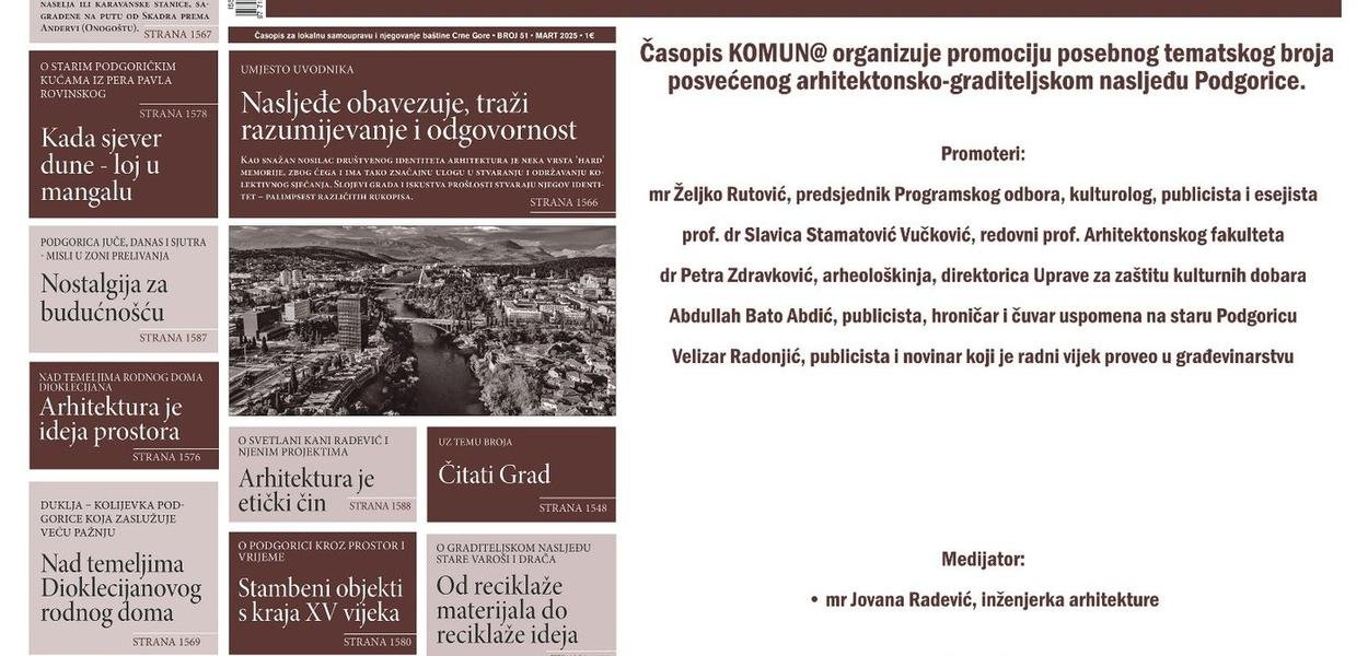 Promocija posebnog tematskog broja časopisa Komuna o arhitektonsko-graditeljskom nasljeđu Podgorice