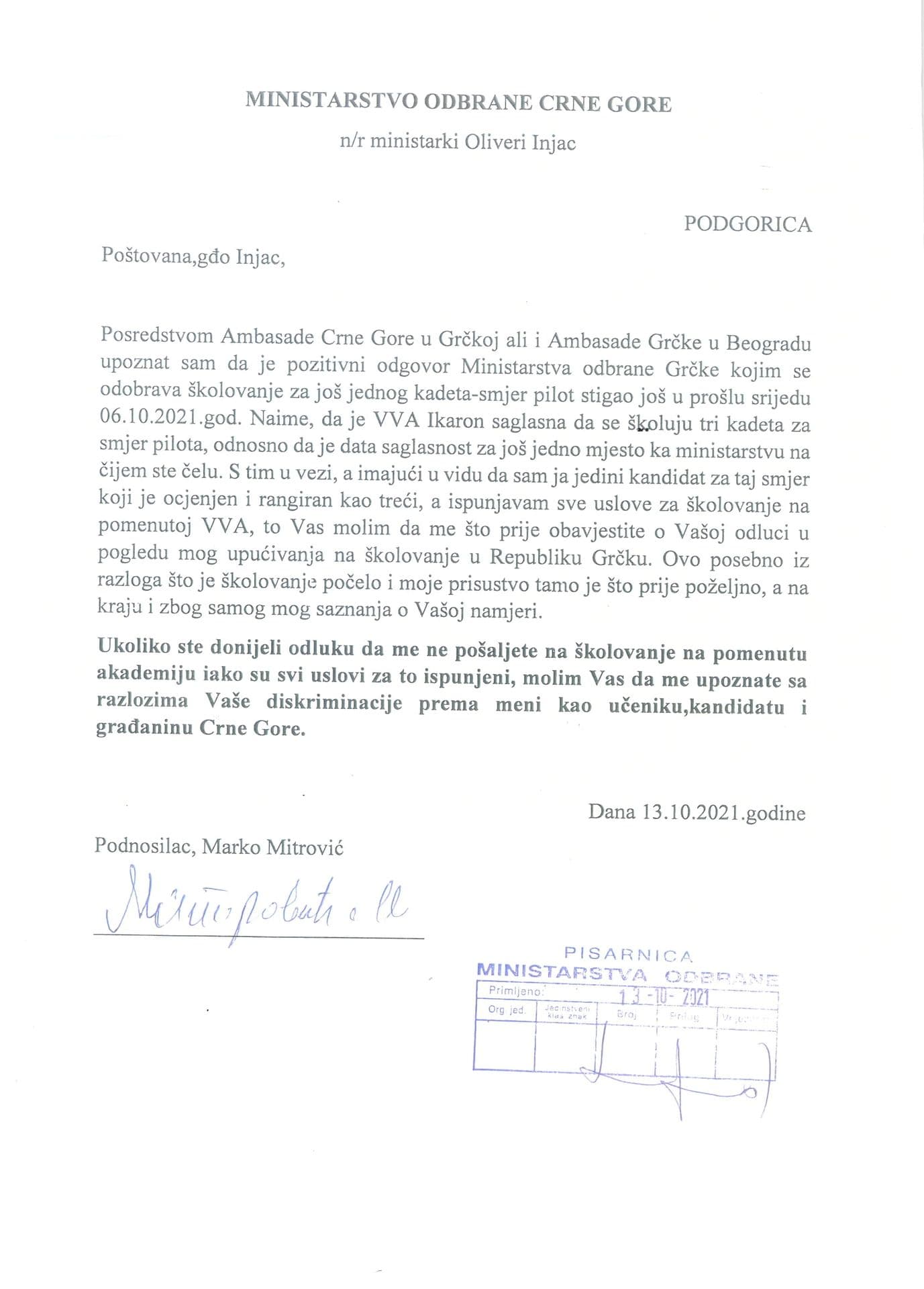 Pismo Mitrovića; Izvor: Pobjeda