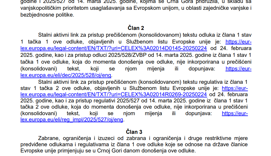 Vlada usvojila odluku Savjeta EU o sankcijama Rusiji