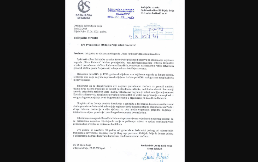 Inicirano oduzimanje nagrade Risto Ratković Radovanu Karadžiću