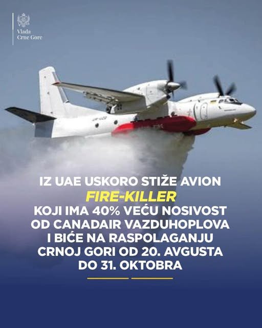 Spajić: 20. avgusta iz UAE stiže avion vatro-ubica Antonov AN-32P i biće u Crnoj Gori do 31. oktobra