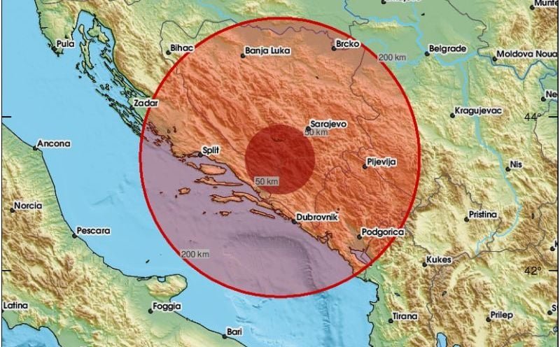 Zemljotres u Bosni i Hercegovini, epicentar u okolini Mostara.