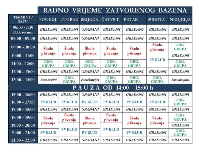 Radno vijeme zatvorenog bazena u sklopu SC "Morača"