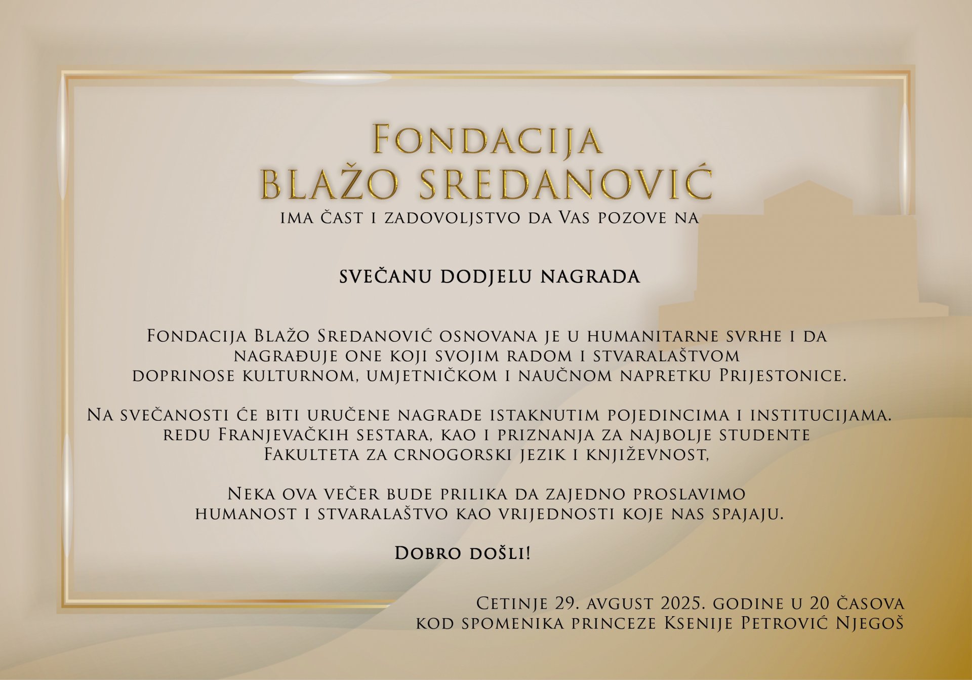 Svečana dodjela nagrada Fondacije Blažo Sredanović na Cetinju