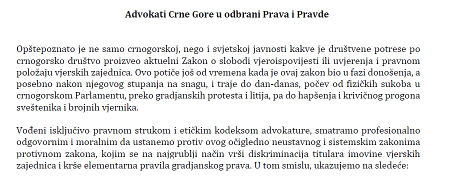 300 advokata potpisalo Proglas protiv Zakona o slobodi vjeroispovijesti