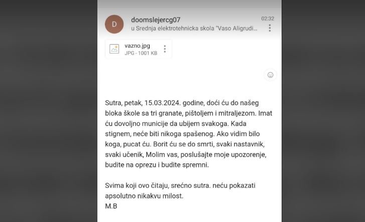 Prijeteći mejl stigao na adresu škole "Vaso Aligrudić": Doći ću sa granatama, pištoljem i mitraljezom