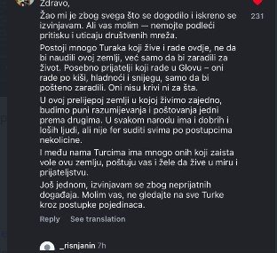 Pismo izvinjenja i molba da se, zbog neprimjerenih postupaka pojedinaca, ne sudi svim Turcima, koji vole i poštuju Crnu Goru