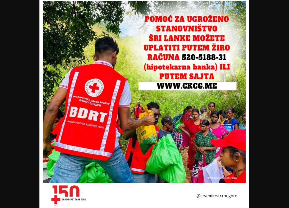 Crveni krst Crne Gore pokrenuo akciju prikupljanja pomoći za ugroženo stanovništvo Šri Lanke