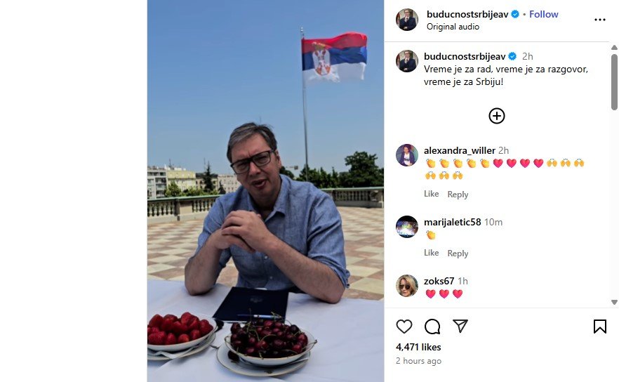 Vučić uz trešnje i jagode pozvao na dijalog sve one koji drugačije misle