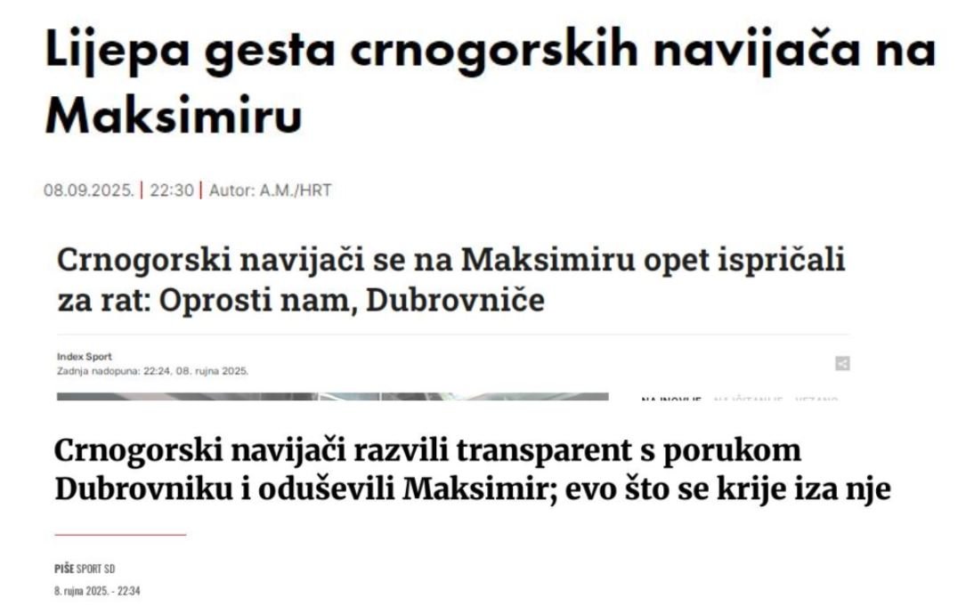 Izgubili na terenu dobili na tribinama - hrvatski mediji s poštovanjem o transparentu crnogorskih navijača