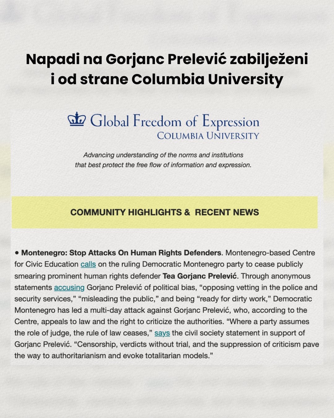 CGO: Napade na Gorjanc Prelević zabilježio i Columbia University