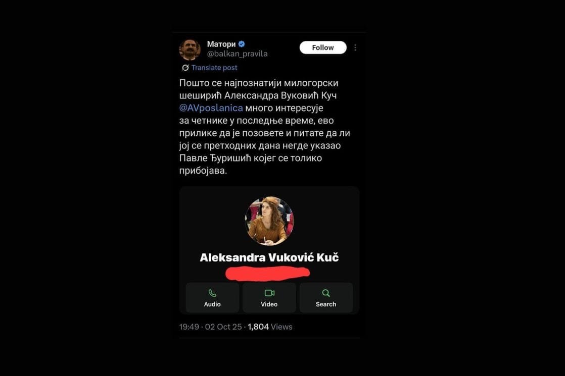 Na X-u objavljen broj telefona Vuković-Kuč: "Crna Gora je danas tunel kroz koji može da prođe bilo ko i nasrne na nas”