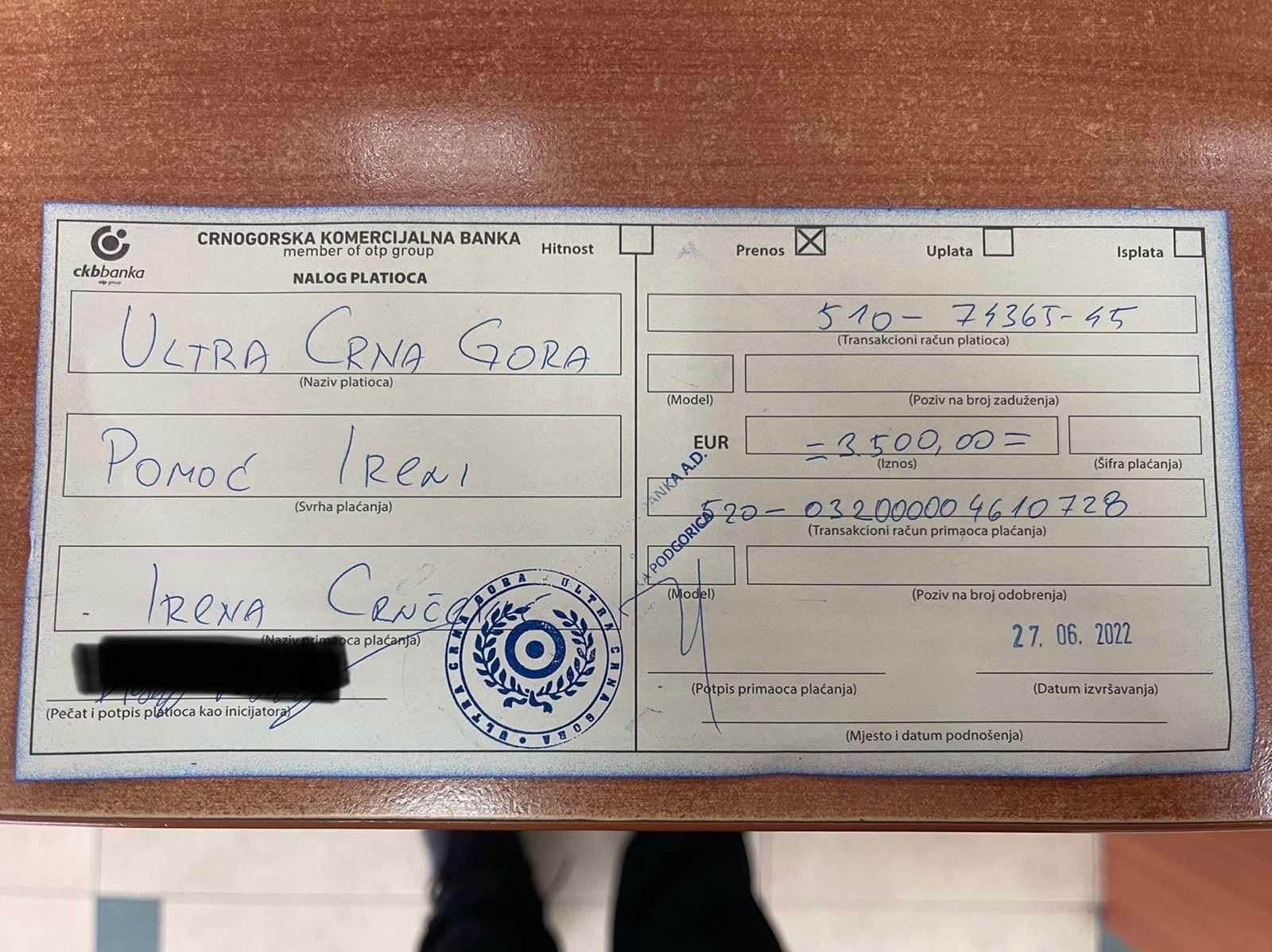 Navijači crnogorske reprezentacije višak sredstava sakupljenih za kupovinu kombija uplatili za liječenje Irene Crnčević