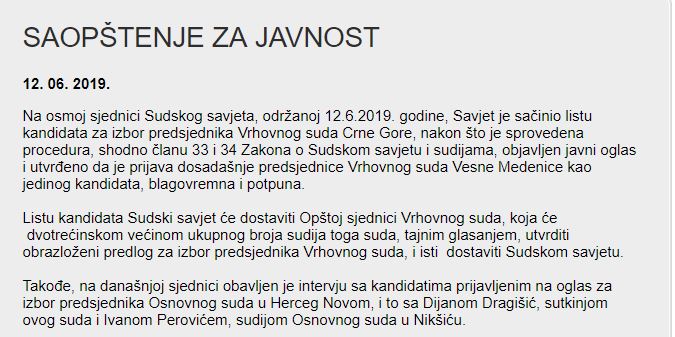 Sudski savjet: Medenica jedini kandidat za predsjednicu Vrhovnog suda