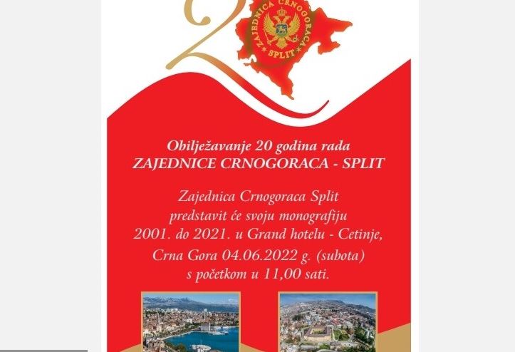 Zajednica Crnogoraca Split: Promocija monografije 4. juna na Cetinju