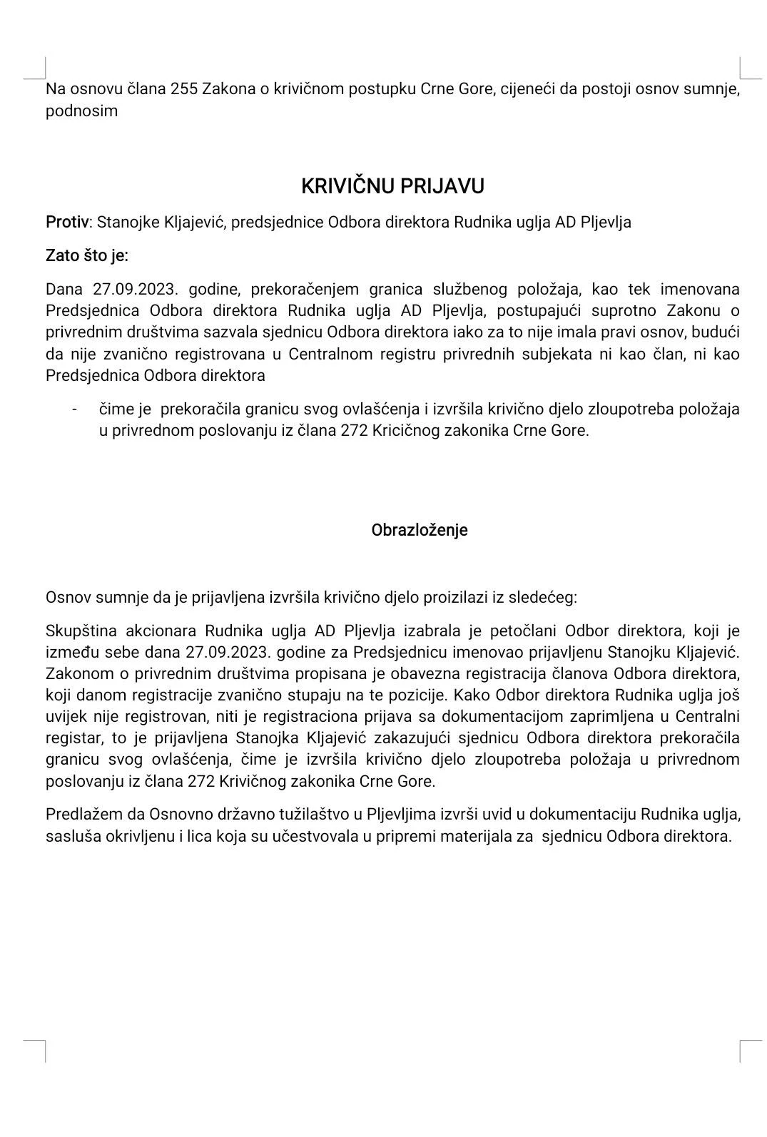 Za śutra spremljen povratak Milana Lekića na čelo Rudnika, radnici podnijeli krivičnu prijavu protiv Kljajević