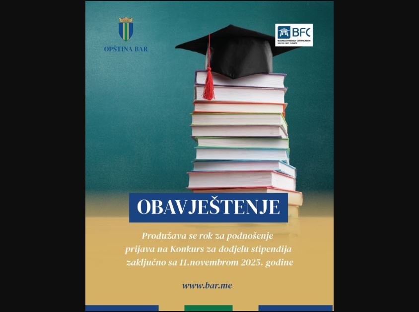 Opština Bar: Produžava se rok za prijavu na Konkurs za dodjelu stipendija