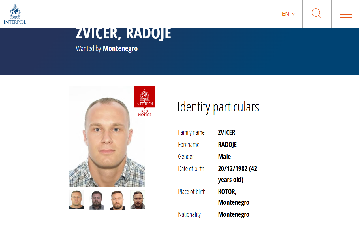 NCB Interpol Podgorica: Od danas vidljiva međunarodna potjernica za Radojem Zvicerom koju je raspisala Crna Gora