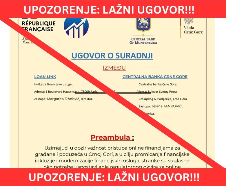 CBCG poziva na oprez zbog lažnih kreditnih ponuda