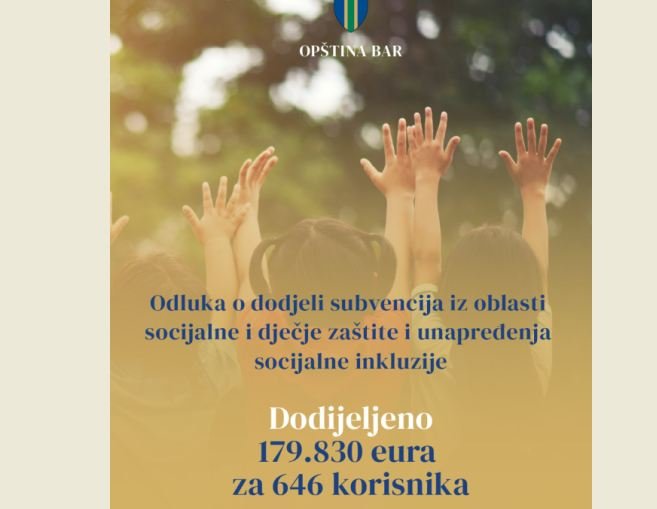 Opština Bar: Više od 250 hiljada eura za subvencije iz oblasti socijalne i dječje zaštite i inkluziju