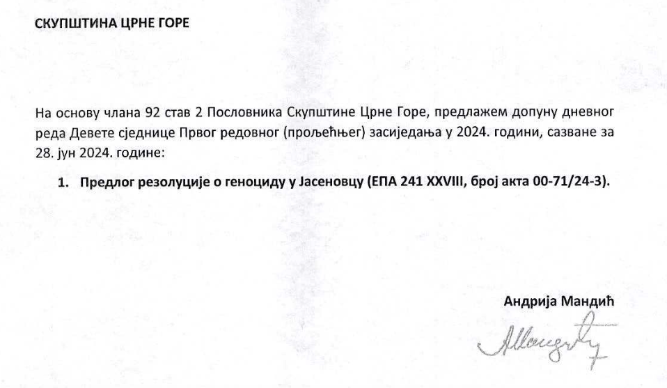 Rezolucija o genocidu u Jasenovcu, na prijedlog Andrije Mandića, na Dnevnom redu Skupštine!