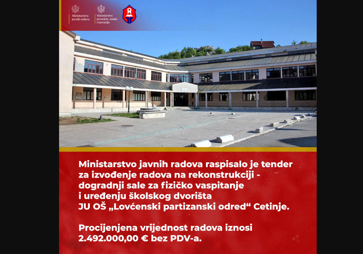 Raspisana javna nabavka za rekonstrukciju sale škole „Lovćenski partizanski odred“