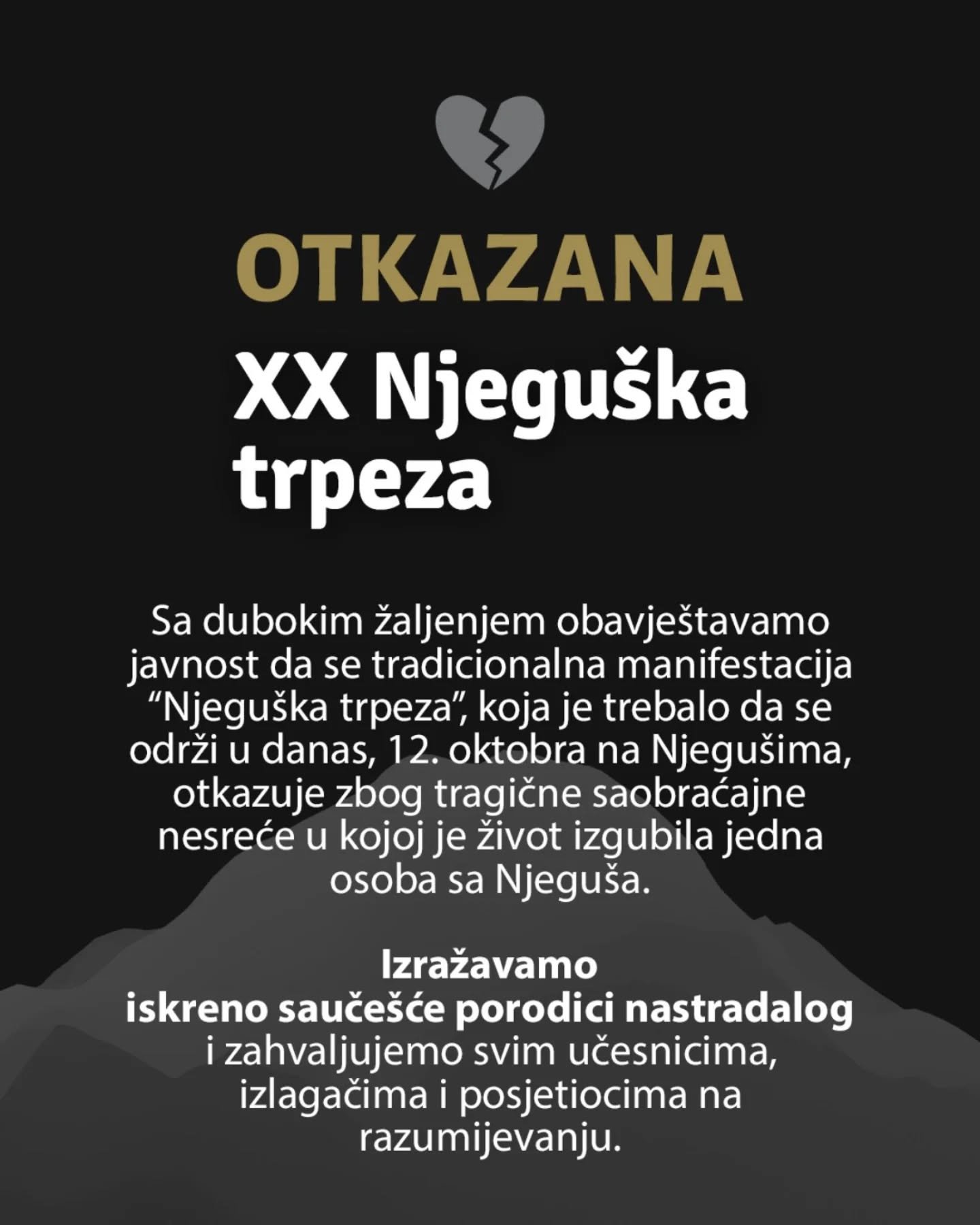 Otkazana "Njeguška trpeza" zbog pogibije mladića