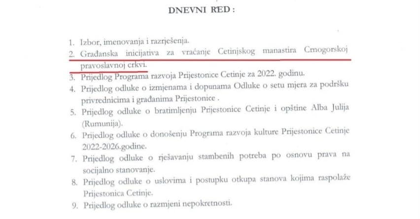 Skupština Prijestonice u utorak o Inicijativi za vraćanje Cetinjskog manastira CPC