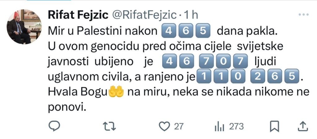 Reis Fejzić pozdravio primirje u pojasu Gaze: Neka se nikome ne ponovi