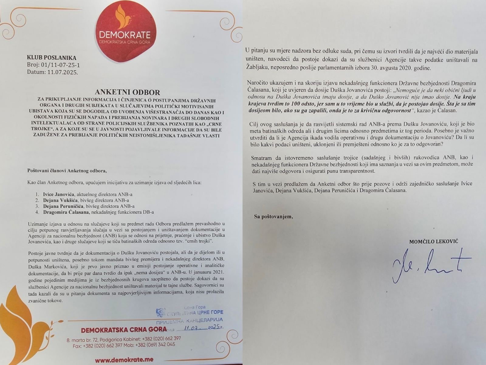 Leković uputio inicijativu: Traže uzimanje izjave od Janovića, Vukšića, Peruničića i Ćalasana