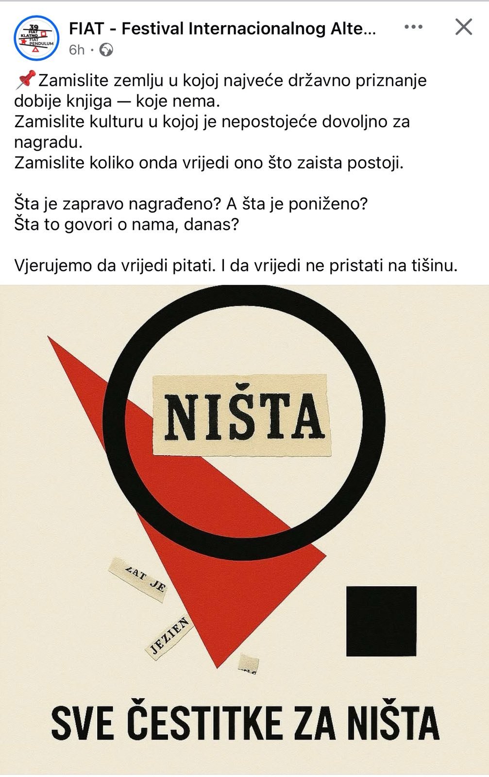 FIAT: Najveće državno priznanje za knjigu koje - nema; Sve čestitke za - ništa