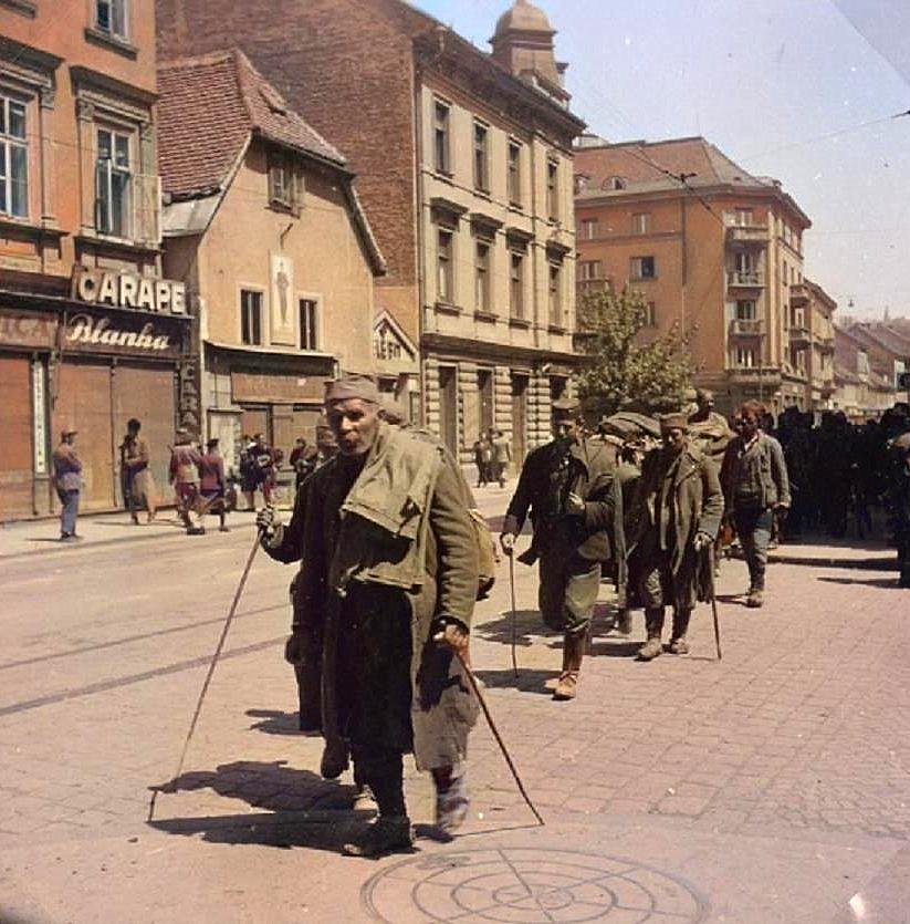 Đurišić se pilatovski ratosiljao bremena ranjenih, od tifusa bolesnih, iznemoglih četnika i civila koje je dovukao iz Crne Gore. E da on sa ostatkom ordije pobjegne prema Sloveniji; tamo ih, pod njemačkom zaštitom, očekivali Ljotić, patrijarh Dožić i Nikolaj Velimirović… Neslavno je završilo. Za razliku od njih, većina – kako je i predviđao ugovor sa dr Sekulom Drljevićem – uspješno za Sloveniju evakuisana. Na slici: bivši Đurišićevi četnici usred Zagreba, 7. maj 1945.