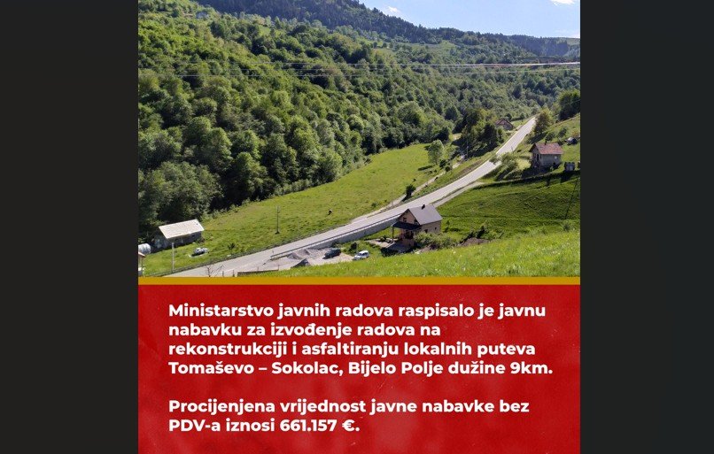 Raspisana javna nabavka za rekonstrukciju puta na dionici Tomaševo – Sokolac