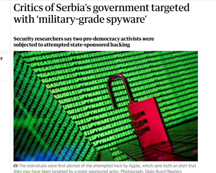 Guardian: Kritičari vlade Srbije na meti "vojnog špijunskog softvera"