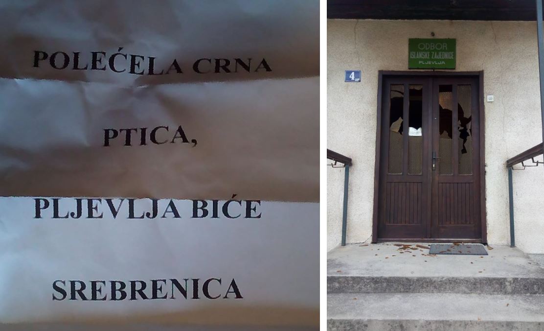 Kamenovane prostorije IZ u Pljevljima uz poruku: Polećela crna ptica, Pljevlja biće Srebrenica