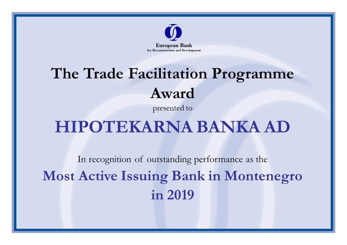 Hipotekarna banka dobitnik nagrade Evropske banke za obnovu i razvoj