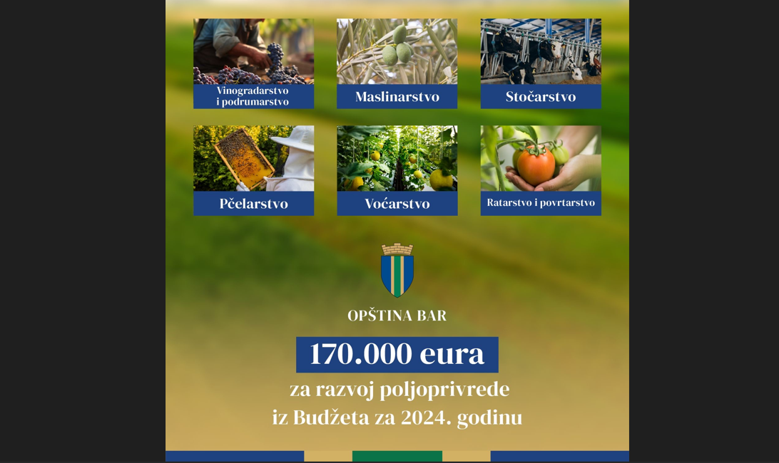 Opština Bar: 170.000 eura za razvoj poljoprivrede u 2024.