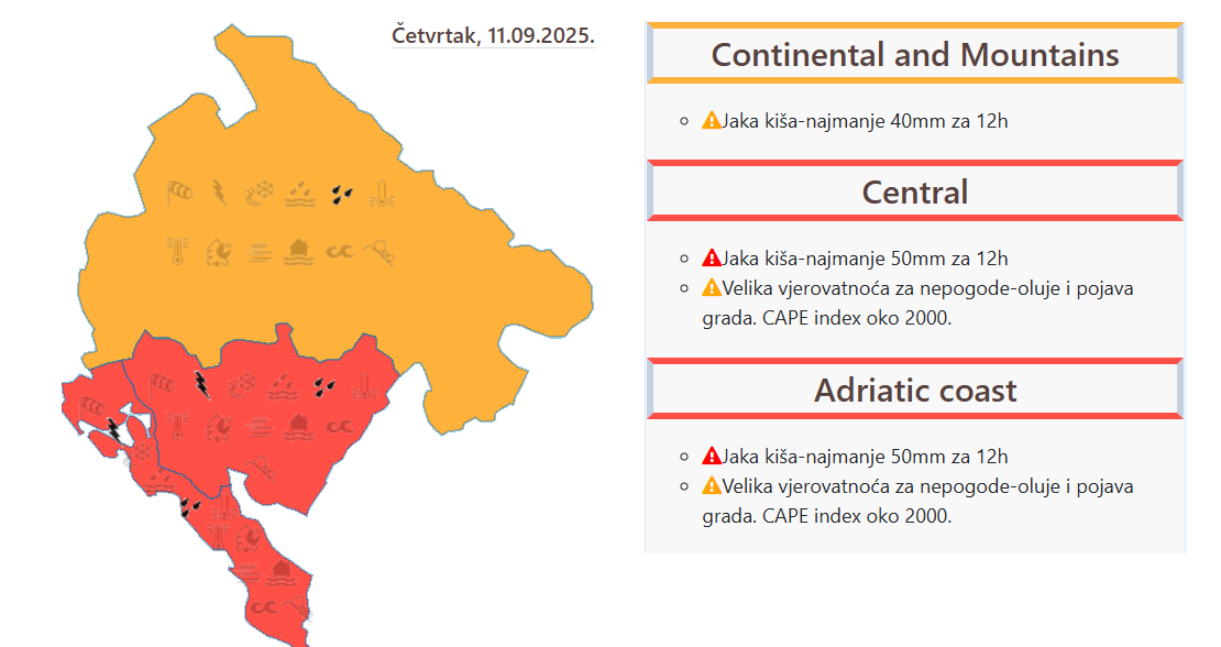 Crveni i narandžasti meteo alarm: Izražene padavine u prvom dijelu dana i jak vjetar, moguće posljedice vremenskih nepogoda