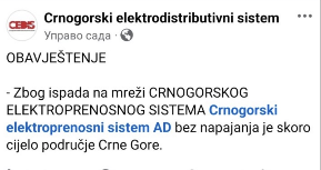 Skoro cijela Crna Gora bez struje