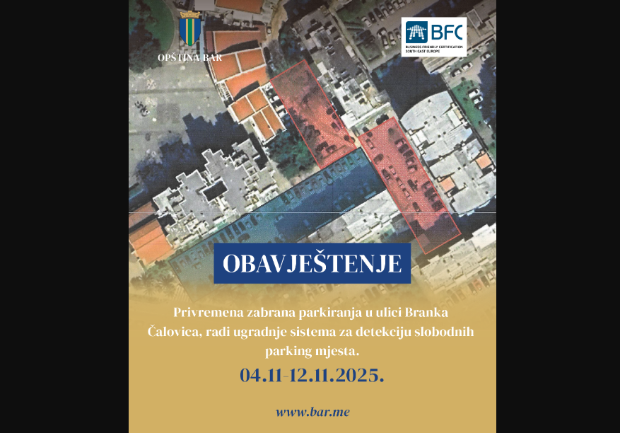 Opština Bar: Privremena zabrana parkiranja na parking prostoru u ul. Branka Čalovića radi ugradnje sistema za detekciju slobodnih parking mjesta