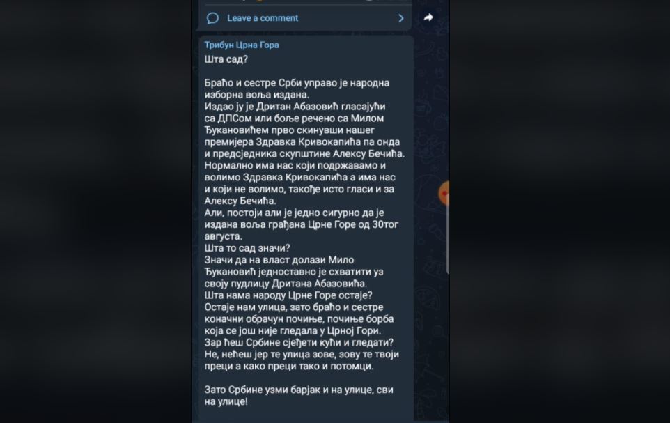 U novoj Telegram grupi pozivaju na "konačni obračun" i borbu "koju Crna Gora nije gledala"!