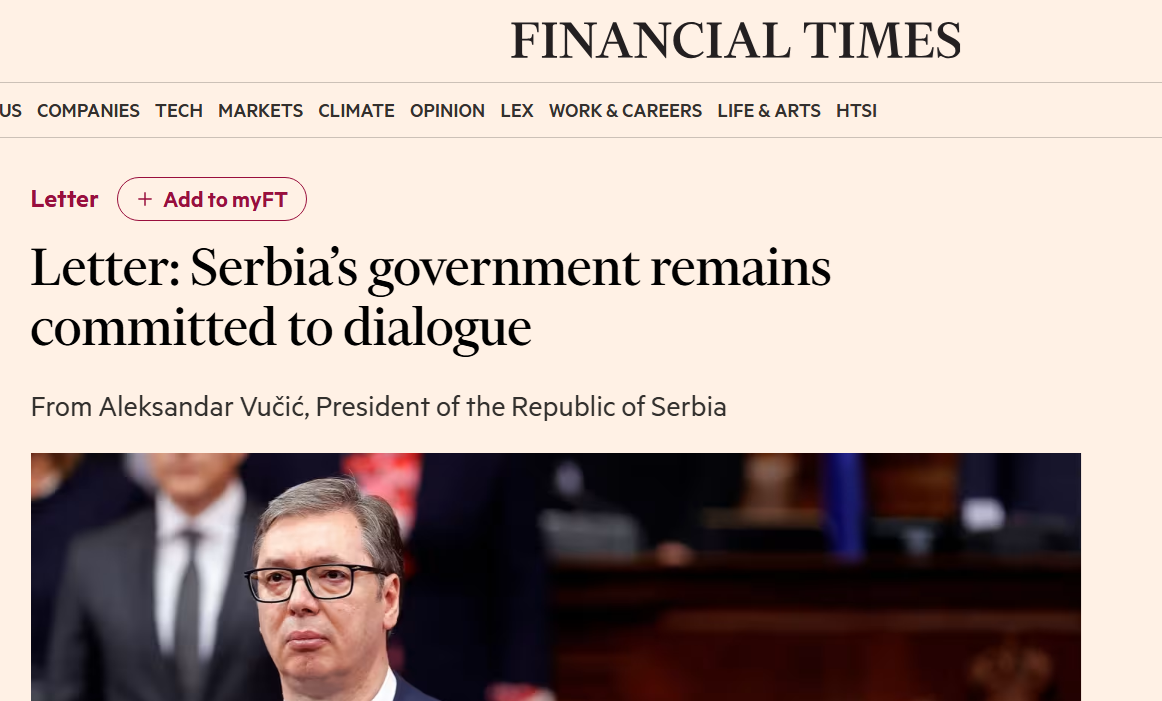 Vučić pisao Financial Timesu: Optužbe opozicije i studenata „lažna pretpostavka“, Srbija ostaje posvećena dijalogu