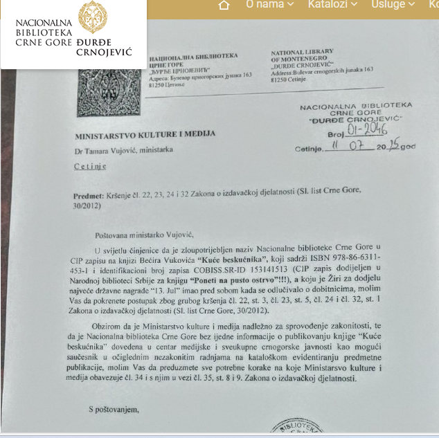 Nacionalna biblioteka uputila zvaničnu prijavu Ministarstvu kulture i medija povodom  zloupotrebe njenog naziva