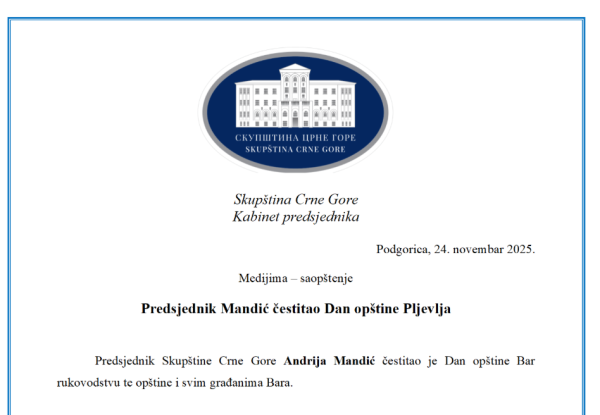 FOTO Mandićeva čestitka za Dan opštine Bar naslovljena na Pljevlja